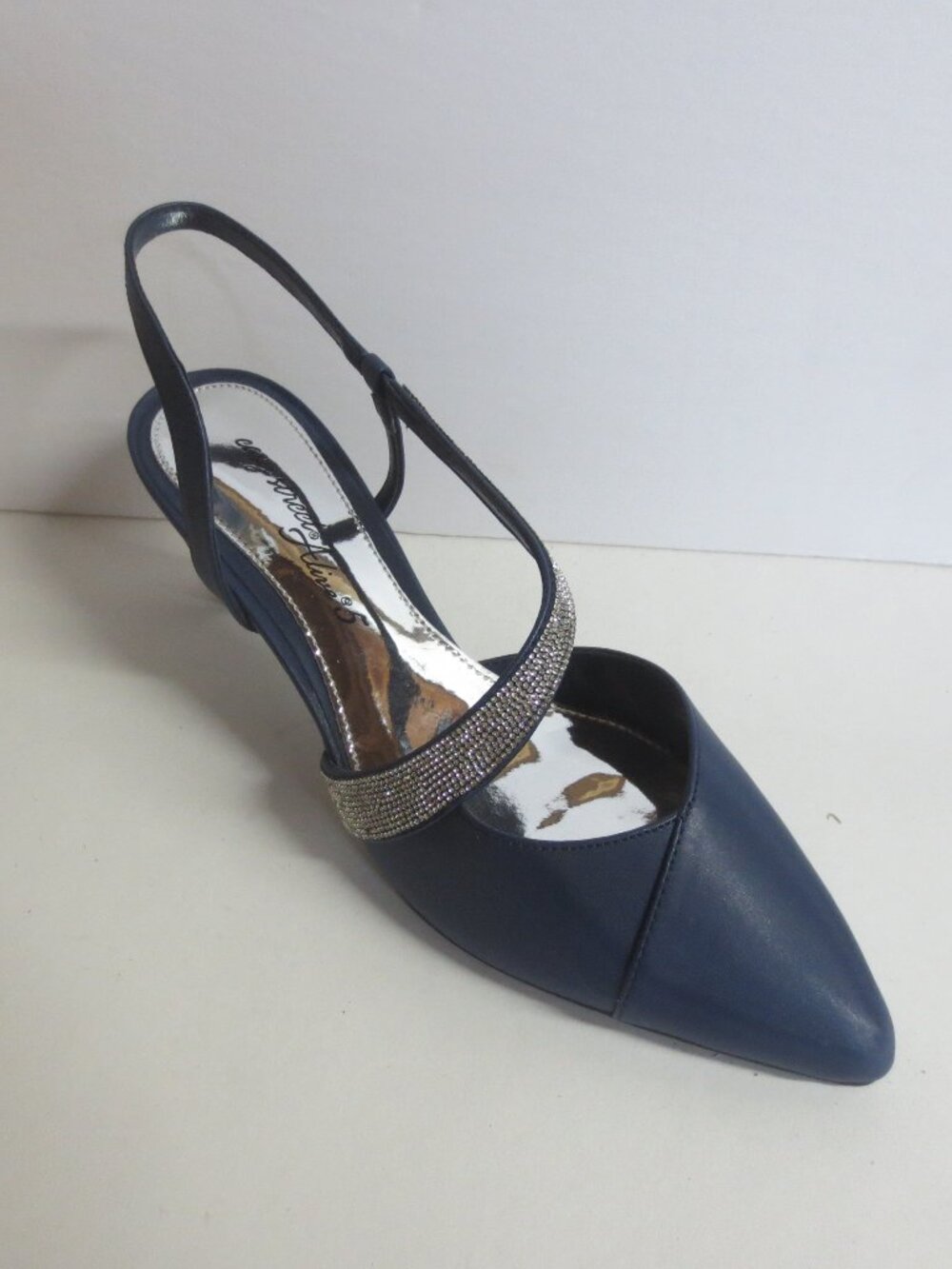 EASY STREET EMERALD NAVY SATIN WITH STONES SLINGBACK SHOES - NAVY - US 9 WIDE